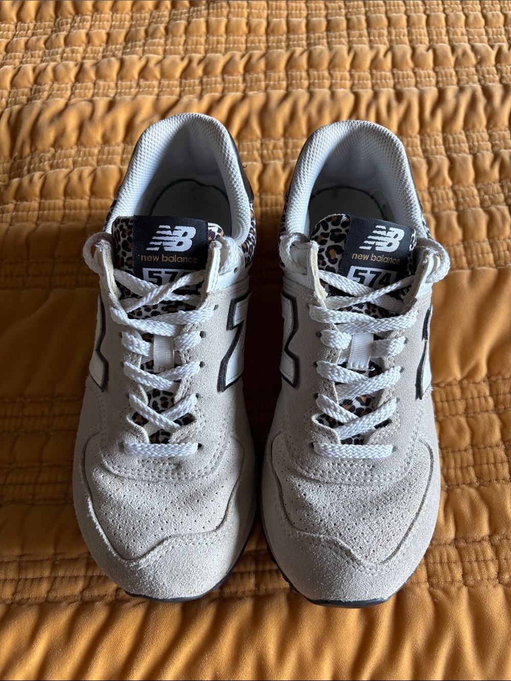 New Balance Women’s Sneakers in Light Gray with Leopard Print Accents